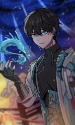 Rule 34 | 1boy, aqua eyes, black gloves, black hair, black shirt, blurry, blurry background, closed mouth, coat, commentary request, dan heng (honkai: star rail), dragon, earclip, earrings, eyeliner, fingerless gloves, gloves, hair between eyes, highres, honkai: star rail, honkai (series), jewelry, looking at viewer, makeup, male focus, mororo1357, night, night sky, open clothes, open coat, outdoors, railing, red eyeliner, shirt, short hair, sky, smile, solo, standing, tassel, turtleneck, white coat, zipper