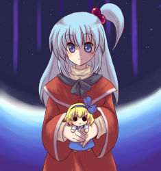Rule 34 | &gt;:&lt;, 1girl, :&lt;, alice margatroid, alice margatroid (pc-98), blue eyes, blush, capelet, closed mouth, doll, dress, female focus, hair bobbles, hair ornament, hairband, long hair, mystic square, ribbon, shinki (touhou), side ponytail, silver hair, smile, solid circle eyes, solo, toto (hitori othello), touhou, touhou (pc-98), v-shaped eyebrows