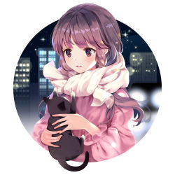 Rule 34 | 1girl, absurdres, animal, bad id, bad pixiv id, blush, brown hair, cat, city, city lights, highres, holding, holding animal, holding cat, long hair, long sleeves, looking at another, miyaza, night, original, parted lips, puffy long sleeves, puffy sleeves, purple eyes, scarf, simple background, smile, solo, swept bangs, teeth, upper body, white background, white scarf