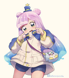 Rule 34 | 1girl, bag, bike shorts, blue hair, blue hat, blue shorts, brown background, double bun, gradient hair, green eyes, hair bun, hands up, hat, jacket, kuromiya, long hair, long sleeves, looking at viewer, mini hat, mini top hat, multicolored hair, one-hour drawing challenge, open mouth, pink hair, puffy long sleeves, puffy sleeves, puniru (puniru wa kawaii slime), puniru wa kawaii slime, shorts, shoulder bag, simple background, solo, standing, star (symbol), top hat, twitter username, very long hair, white jacket