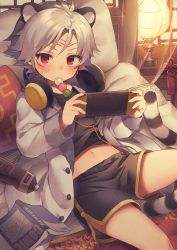 Rule 34 | 1boy, animal ears, bed, book, bottle, child, commentary, eating, headphones, kabosudachin, looking at viewer, male focus, midriff peek, navel, nintendo switch, original, playing games, red eyes, shorts, solo, water bottle, white hair