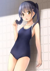 Rule 34 | 1girl, against wall, blue one-piece swimsuit, brown eyes, commentary request, competition school swimsuit, cowboy shot, flat chest, grey hair, highres, holding, holding own hair, long hair, looking at viewer, new school swimsuit, one-piece swimsuit, original, school swimsuit, shibacha, solo, standing, swimsuit, tile wall, tiles, twintails
