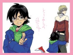 Rule 34 | 10s, 2boys, bad id, bad pixiv id, barnaby brooks jr., belt, bespectacled, black hair, blonde hair, candygang, child, glasses, green eyes, hood, hoodie, hug, hug from behind, jacket, kaburagi t. kotetsu, multiple boys, red jacket, shoes, shorts, size difference, sneakers, studded belt, tiger &amp; bunny, time paradox, aged down