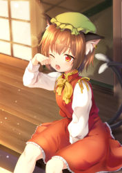 Rule 34 | 1girl, animal ears, bad id, bad pixiv id, between legs, brown hair, cat ears, cat tail, chen, earrings, green hat, hand between legs, hat, jewelry, lens flare, long sleeves, nnyara, one eye closed, open mouth, outdoors, red eyes, red skirt, short hair, single earring, sitting, skirt, skirt set, sliding doors, solo, tail, tatami, touhou, yawning