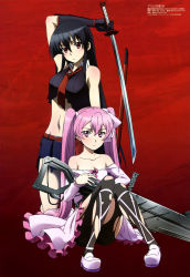 Rule 34 | 10s, 2girls, absurdres, akame (akame ga kill!), akame ga kill!, arm up, bare shoulders, belt, black hair, black legwear, blush, body blush, boots, bow, breasts, buckle, convenient leg, dress, elbow gloves, frilled dress, frills, frown, gloves, gradient background, gun, gunblade, hair between eyes, hair ribbon, highres, holding, holster, huge weapon, katana, kneeling, knees together feet apart, loafers, long hair, long sleeves, looking at viewer, megami magazine, midriff, mine (akame ga kill!), multiple girls, navel, necktie, off shoulder, official art, pantyhose, pink eyes, pink hair, platform footwear, red background, red eyes, ribbon, scan, scrunchie, sheath, shirt, shoes, sidelocks, sitting, skirt, sleeveless, sleeveless shirt, small breasts, sword, tanaka kazuma, torn clothes, torn legwear, torn shirt, torn skirt, twintails, unsheathed, vambraces, very long hair, weapon, wing collar