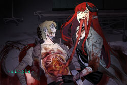 Rule 34 | 1boy, 1girl, bandaged arm, bandages, bed, black collar, black gloves, black horns, black vest, blood, blood on clothes, blood on face, blood on hands, brown hair, brown jacket, cannibalism, chinese commentary, coat, collar, collared coat, collared jacket, commentary request, commission, corpse, death, ear piercing, eating, fangs, fingerless gloves, gloves, green eyes, grey background, grey coat, guro, high collar, highres, holding head, horns, hospital, hospital bed, indoors, injury, intestines, jacket, long hair, looking at another, looking at viewer, lying, mismatched pupils, mouth hold, on back, open mouth, organs, original, parted lips, piercing, pointy ears, pool of blood, red hair, ribs, saw, shirt, short hair, sidelocks, sleeveless, sleeveless jacket, vest, yulei yuuuuu