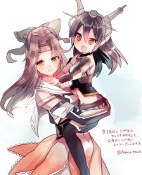 Rule 34 | 10s, 2girls, :d, armlet, bad id, bad pixiv id, bare shoulders, black hair, black legwear, blush, brown eyes, brown hair, carrying, cis (carcharias), headgear, height difference, jintsuu (kancolle), kantai collection, looking at viewer, multiple girls, nagato (kancolle), open mouth, parted lips, pointing, red eyes, simple background, smile, thighhighs, white background, aged down, zettai ryouiki