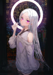 Rule 34 | 1girl, absurdres, arm at side, bare shoulders, blush, breasts, closed mouth, commentary, cowboy shot, grey hair, grey sweater, hair between eyes, hand up, highres, ichika (ichika87), long hair, long sleeves, looking at viewer, looking to the side, off-shoulder sweater, off shoulder, original, parted bangs, purple eyes, sideways glance, small breasts, solo, standing, sweater