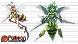 Rule 34 | 2girls, absurdres, alternate color, arthropod girl, beedrill, blonde hair, breasts, commentary, creatures (company), dual wielding, extra eyes, full body, fusion, game freak, gen 1 pokemon, green hair, height chart, highres, holding, insect wings, long legs, medium breasts, mega beedrill, mega pokemon, mgx0, mosquito girl, mosquito musume, multiple girls, multiple persona, navel, nintendo, no nipples, nude, one-punch man, patreon logo, patreon username, pokemon, pokemon (creature), quadruple wielding, red eyes, shiny pokemon, stinger, weapon, wings