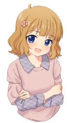 Rule 34 | 1girl, ahoge, blue eyes, blush, brown hair, commentary request, crossed arms, dot nose, flower, hair flower, hair ornament, idolmaster, idolmaster million live!, long sleeves, looking at viewer, medium hair, open mouth, rulyuzevcpalyo, shirt under shirt, sidelocks, smile, solo, suou momoko, upper body, wavy hair, white background