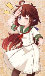 Rule 34 | 1girl, :&gt;, :q, ahoge, animal ears, arm behind back, belt, blue eyes, bow, bowtie, brown belt, brown hair, closed mouth, collar, commentary request, cowboy shot, green collar, highres, light blush, long hair, looking at viewer, notice lines, one eye closed, original, pantyhose, red bow, red bowtie, salute, school uniform, serafuku, short sleeves, short tail, smile, solo, standing, tail, tongue, tongue out, white serafuku, yukinagi
