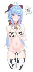 Rule 34 | 1girl, absurdres, ahoge, animal print, bell, bikini, blue hair, blush, bow, breasts, collarbone, cow print, dalgam12, furrowed brow, ganyu (genshin impact), genshin impact, gluteal fold, highres, horns, long hair, looking at viewer, medium breasts, navel, neck bell, nose blush, sidelocks, solo, squiggle, standing, sweat, swimsuit, thigh gap, thighhighs, thighs, white background, white thighhighs