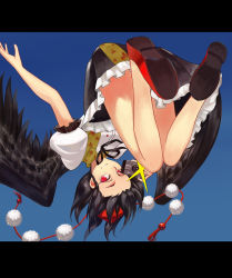 Rule 34 | 1girl, bai banca, black hair, blouse, camera, camera flash, flying, grin, hat, leaf print, letterboxed, looking at viewer, neck ribbon, pom pom (clothes), puffy sleeves, red eyes, revision, ribbon, shameimaru aya, shirt, shoes, short hair, skirt, sky, smile, solo, tokin hat, touhou, upside-down, wings