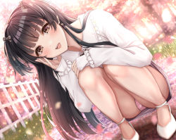 Rule 34 | 1girl, bare legs, black hair, blunt bangs, blurry, blush, bow, cherry blossoms, depth of field, eyebrows hidden by hair, frilled shirt, frilled sleeves, frills, full body, hair bow, hand on own cheek, hand on own face, hand on own knee, head tilt, highres, idolmaster, idolmaster shiny colors, knees together feet apart, long hair, looking at viewer, mayuzumi fuyuko, outdoors, panties, pantyshot, petals, pink panties, shirt, smirk, solo, squatting, sunlight, teeth, thighs, two side up, underwear, upper teeth only, very long hair, white footwear, white shirt, yuzuyu (hyui)