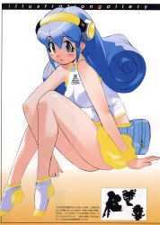 Rule 34 | 1girl, ankle socks, arm support, bare shoulders, between legs, blue hair, blush, breasts, clothes writing, expressionless, gradient background, hand between legs, headphones, japanese text, large breasts, long hair, looking at viewer, midriff peek, miniskirt, no shoes, os-tan, scan, scan artifacts, shirt, short socks, silhouette, simple background, sitting, skirt, sleeveless, sleeveless shirt, socks, solo, translation request, winchan, yellow eyes, yoshizaki mine