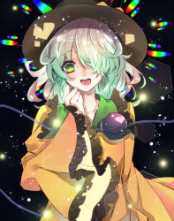 Rule 34 | 1girl, black hat, blouse, commentary, eyeball, frilled sleeves, frills, gradient hair, green eyes, green hair, hair over one eye, hat, heart, highres, komeiji koishi, light, long sleeves, looking at viewer, multicolored hair, neon (co2co8), one eye closed, open mouth, rainbow order, shirt, silver hair, solo, third eye, touhou, upper body, wavy hair, wide sleeves, yellow shirt