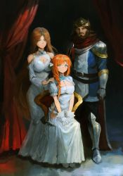 Rule 34 | 1boy, 2girls, armor, beard, belt, braid, breasts, brown hair, chair, cleavage, cleavage cutout, clothing cutout, crown, dress, facial hair, forehead jewel, gloves, greaves, highres, large breasts, long sleeves, mother and daughter, multiple girls, orange hair, pecorine&#039;s mother, pecorine (princess connect!), princess connect!, red curtains, sitting, sonchi, white dress, white gloves