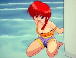 Rule 34 | 1girl, animated, animated gif, bouncing breasts, breasts, cleavage, downblouse, gender request, genderswap, kneeling, large breasts, lowres, no bra, ocean, off shoulder, ponytail, ranma-chan, ranma 1/2, red hair, saotome ranma, screencap, shorts, solo, splashing, strap slip, surfboard, tank top, water, waves