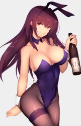 Rule 34 | 1girl, animal ears, bare shoulders, bottle, breasts, bridal garter, cowboy shot, detached collar, fake animal ears, fate/grand order, fate (series), fishnet pantyhose, fishnets, grey background, highres, holding, holding bottle, kameponde, large breasts, leotard, long hair, official alternate costume, pantyhose, playboy bunny, purple hair, rabbit ears, rabbit tail, red eyes, scathach (fate), scathach (piercing bunny) (fate), simple background, smile, solo, strapless, strapless leotard, tail, wine bottle, wrist cuffs