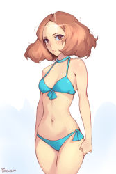 Rule 34 | 1girl, alternate costume, bikini, blue bikini, blush, breasts, brown eyes, brown hair, clenched hand, closed mouth, cowboy shot, embarrassed, highres, looking at viewer, medium breasts, medium hair, midriff, navel, okumura haru, persona, persona 5, phrecklesart, simple background, solo, sparkle, standing, swimsuit