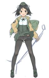 Rule 34 | 1girl, alternate costume, animal ears, aohashi ame, bandaid, bandaid on face, black eyes, black footwear, black hair, black pantyhose, brave witches, dog ears, dog tail, garrison cap, hand on own hip, hat, jacket, kanno naoe, looking at viewer, pantyhose, ribbon, shoes, simple background, solo, standing, tail, thighband pantyhose, upskirt, world witches series