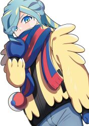 Rule 34 | 1boy, absurdres, arm at side, blue eyes, blue mittens, blue scarf, commentary request, creatures (company), game freak, green hair, grey pants, grusha (pokemon), hair bun, hand up, highres, jacket, long sleeves, looking at viewer, male focus, mittens, nintendo, pants, pokemon, pokemon sv, scarf, solo, striped clothes, striped scarf, yellow jacket, yuihico