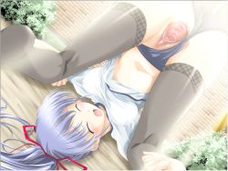Rule 34 | artist request, blue hair, buruma, buruma aside, clothed sex, clothes lift, clothing aside, dutch angle, closed eyes, gym, invisible penis, midriff, navel, penis, pussy, sex, shirt lift, shouting, spread pussy, thighhighs, top-down bottom-up, uncensored, uniform, vaginal