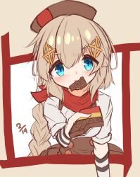 Rule 34 | 1girl, absurdres, arm warmers, beret, blue eyes, blush, braid, brown background, brown hat, brown skirt, candy, chocolate, chocolate bar, closed mouth, dated, fnc (girls&#039; frontline), food, food in mouth, girls&#039; frontline, hair between eyes, hair ornament, hat, highres, holding, holding food, long hair, looking at viewer, matsuo (matuonoie), mouth hold, shirt, short sleeves, single braid, skirt, solo, striped, very long hair, white shirt
