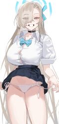 Rule 34 | 1girl, absurdres, asuna (blue archive), black choker, black skirt, blonde hair, blue archive, blue bow, blue bowtie, blue eyes, blue halo, blue ribbon, bow, bowtie, breasts, choker, clothes lift, collared shirt, eyes visible through hair, hair over one eye, hair ribbon, hakujitsu mamire, halo, highres, large breasts, long hair, looking at viewer, panties, pleated skirt, ribbon, shirt, simple background, skirt, skirt lift, sleeves rolled up, smile, solo, standing, teeth, underwear, white background, white panties, white shirt