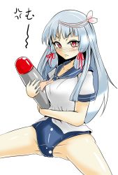 Rule 34 | 10s, 1girl, anger vein, blue hair, cosplay, i-58 (kancolle), i-58 (kancolle) (cosplay), kantai collection, murakumo (kancolle), red eyes, simple background, solo, thighs, torii5011, torpedo, type 95 torpedo, white background