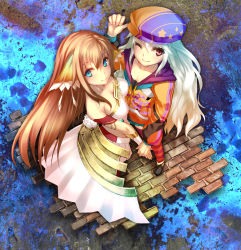 Rule 34 | 2girls, absurdres, aqua eyes, ar nosurge, brown hair, casty rianoit, from above, holding hands, hat, highres, ionasal kkll preciel, long hair, long sleeves, looking at viewer, multiple girls, official art, one eye closed, red eyes, smile, surge concerto, white hair