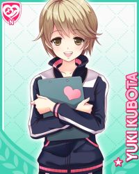 Rule 34 | 1girl, blonde hair, card, character name, clipboard, girlfriend (kari), green background, heart, holding, kubota yuki, official art, open mouth, qp:flapper, short hair, smile, solo, standing, tagme, teeth, track suit, upper teeth only, yellow eyes