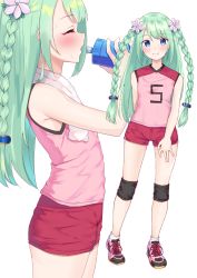 Rule 34 | 1girl, bare arms, bare shoulders, blue eyes, blush, bottle, braid, chika (princess connect!), closed eyes, closed mouth, flat chest, flower, green hair, hair flower, hair ornament, hands up, highres, holding, holding bottle, k mugura, knee pads, long hair, multiple views, pink flower, pink footwear, pink shirt, princess connect!, profile, red shorts, shirt, shoes, short shorts, shorts, simple background, sleeveless, sleeveless shirt, smile, socks, standing, towel, towel around neck, twin braids, very long hair, water bottle, white background, white legwear