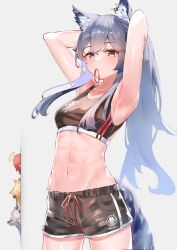 4girls abs absurdres animal_ear_piercing animal_ears arknights armpits arms_up black_shorts blonde_hair blue_hair blush character_request crop_top exusiai_(arknights) hair_tie hair_tie_in_mouth halo highres kirigirisu1221 lappland_(arknights) long_hair looking_at_viewer mouth_hold multiple_girls navel red_hair shorts sora_(arknights) tail tank_top texas_(arknights) yellow_eyes