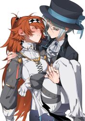 Rule 34 | 2girls, ascot, black coat, blush, bright pupils, brooch, carrying, carrying person, chinese commentary, closed mouth, coat, collared shirt, commentary request, dress, ear blush, frown, grey eyes, grey hair, grey sleeves, hat, high collar, highres, jewelry, long hair, molu stranger, multiple girls, orange hair, pants, parted lips, princess carry, reverse:1999, shirt, simple background, sonetto (reverse:1999), sweat, thigh strap, top hat, vertin (reverse:1999), white ascot, white background, white dress, white pants, white pupils, white shirt