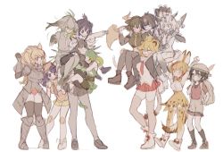 Rule 34 | 10s, 6+girls, animal ears, antlers, arabian oryx (kemono friends), armadillo ears, armor, aurochs (kemono friends), backpack, bag, bear ears, bear paw, bike shorts, bird wings, black hair, blonde hair, blue hair, blush, boots, bow, bowtie, brown hair, bucket hat, carrying, collared shirt, commentary request, crested porcupine (kemono friends), crop top, deerstalker, elbow gloves, feathers, fur collar, gazelle ears, giant armadillo (kemono friends), gloves, greaves, green hair, grey hair, hands up, hat, head wings, high-waist skirt, holding on, hood, horns, japanese black bear (kemono friends), kaban (kemono friends), kemono friends, knee pads, leg wrap, lion (kemono friends), lion ears, lion tail, long hair, long sleeves, mamaloni, midriff, moose (kemono friends), multicolored hair, multiple girls, neckerchief, necktie, panther chameleon (kemono friends), pantyhose, paw stick, piggyback, plaid, plaid skirt, plaid trim, pleated skirt, polearm, ponytail, porcupine ears, rhinoceros ears, scarf, serval (kemono friends), serval print, serval tail, shirt, shoebill (kemono friends), shoes, short hair, short sleeves, shorts, shorts under skirt, sitting, sitting on person, skirt, sleeveless, socks, spear, sweater, t-shirt, tail, thighhighs, weapon, white hair, white rhinoceros (kemono friends), wings, yuri