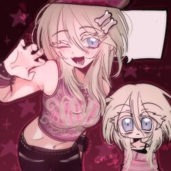 Rule 34 | 1girl, armpit crease, black pants, blonde hair, blue eyes, blush, class of 09, crop top, emily (class of 09), gao, highres, moonmpballz, navel, one eye closed, open mouth, pants, star (symbol)