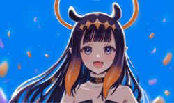 Rule 34 | 1girl, :d, animal ears, bare shoulders, blue sky, blunt bangs, blush, commentary, day, detached collar, eyelashes, fang, fur-trimmed collar, fur trim, gradient hair, halo, headpiece, hololive, hololive english, long hair, looking at viewer, mole, mole under eye, multicolored hair, ninomae ina&#039;nis, ninomae ina&#039;nis (1st costume), open mouth, orange hair, outdoors, petals, pointy ears, portrait, purple eyes, purple hair, sinap (12000klb), sky, smile, solo, symbol-only commentary, tentacle hair, two-tone hair, virtual youtuber, wind