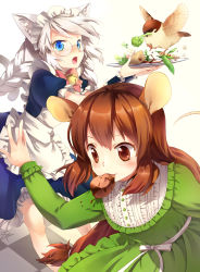 Rule 34 | 2girls, :3, :o, animal ears, apron, bad id, bad pixiv id, bird, blue eyes, braid, broccoli, brown eyes, brown hair, cat ears, cat tail, dress, fang, food, food in mouth, gl ztoh, glasses, long hair, maid, maid apron, maid headdress, mouse ears, mouth hold, multiple girls, open mouth, original, plate, ponytail, sidelocks, signature, tail, tears, white hair, wide-eyed