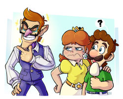 Rule 34 | 1girl, 2boys, annoyed, belt, blue eyes, breasts, brown hair, closed eyes, crown, earrings, evil grin, evil smile, facial hair, flower earrings, food, formal, frown, grin, hand on another&#039;s shoulder, hand on own hip, hand on own cheek, hand on own face, highres, jewelry, luigi, mario (series), mario golf, mario golf: super rush, multiple boys, mustache, nintendo, popsicle, princess daisy, smile, standing, suit, sweat, tomboy, tongue, tongue out, waluigi