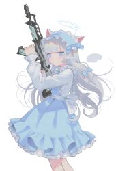 Rule 34 | 1girl, :&lt;, absurdres, animal ears, assault rifle, back bow, blue bow, blue dress, blue eyes, blunt bangs, blush, borrowed weapon, bow, cat ears, closed mouth, commentary, commission, copyright request, detached wings, dress, floating hair, frilled dress, frills, from side, grey hair, gun, hair bow, halo, hands up, highres, holding, holding gun, holding weapon, layered dress, long hair, long sleeves, looking at viewer, looking to the side, melting halo, mini wings, nelta rene, no pupils, puffy long sleeves, puffy sleeves, rifle, simple background, skeb commission, solo, twitter username, valorant, watermark, weapon, white background, white bow, white dress, wings