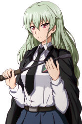 Rule 34 | 1girl, absurdres, alternate hairstyle, anchovy (girls und panzer), anzio school uniform, belt, black belt, black cape, black necktie, blue skirt, cape, closed mouth, commentary, dress shirt, emblem, frown, girls und panzer, green hair, hair down, highres, holding, holding riding crop, long hair, long sleeves, looking at viewer, miniskirt, necktie, omachi (slabco), pleated skirt, red eyes, riding crop, school uniform, shirt, simple background, skirt, solo, standing, white background, white shirt, wing collar