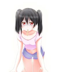 Rule 34 | 10s, 1girl, all fours, barefoot, black hair, blue shorts, collarbone, crop top, flat chest, hair between eyes, long hair, looking at viewer, love live!, love live! school idol project, midriff, mouth hold, navel, pink shirt, red eyes, roaru (gyuren), shirt, short shorts, shorts, simple background, sleeveless, sleeveless shirt, solo, stomach, sweat, thigh gap, twintails, white background, yazawa nico