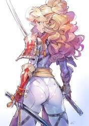 Rule 34 | 1girl, armor, ass, blonde hair, blue background, commentary request, cowboy shot, elf, from behind, gradient background, highres, holding, holding sword, holding weapon, katana, leggings, long hair, matsuda (matsukichi), original, pants, poi, pointy ears, ponytail, scabbard, sheath, shoulder armor, solo, standing, sword, thigh strap, thighs, vambraces, weapon, white background, white pants