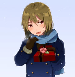 Rule 34 | 10s, 1girl, blush, breath, brown hair, buttons, coat, double-breasted, flower, gift, gloves, gradient background, highres, idolmaster, idolmaster million live!, long sleeves, mmyk81, nagayoshi subaru, open mouth, red eyes, ribbon, rose, scarf, short hair, snowing, solo, standing, sweatdrop, valentine, winter clothes, winter coat