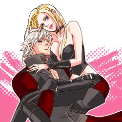 Rule 34 | 1boy, 1girl, bare shoulders, blonde hair, blue eyes, blush, breast smother, breasts, capcom, carrying, choker, cleavage, couple, dante (devil may cry), devil may cry, devil may cry (series), devil may cry 2, face to breasts, hetero, hug, large breasts, leather, long hair, lowres, smile, trish (devil may cry)