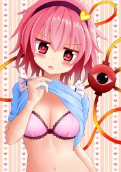 Rule 34 | 1girl, :o, absurdres, akakabu (obsidian910), blue shirt, blush, bra, breasts, cleavage, clothes lift, colored eyelashes, hairband, heart, heart background, highres, komeiji satori, lingerie, midriff, navel, open mouth, pink bra, pink eyes, pink hair, ribbon-trimmed collar, ribbon trim, shirt, shirt lift, short hair, short sleeves, simple background, solo, string, striped, striped background, suigetsu (watermoon-910), third eye, touhou, underwear, upper body, vertical stripes