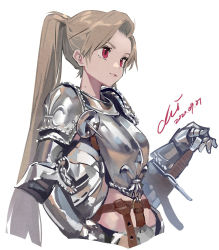 Rule 34 | 1girl, armor, blonde hair, dated, highres, knight, long hair, looking up, original, pauldrons, red eyes, shoulder armor, simple background, solo, twintails, upper body, white background, xiao chichi
