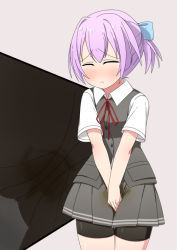 Rule 34 | 1girl, between legs, blue bow, blush, bow, embarrassed, closed eyes, female focus, grey background, grey skirt, grey vest, hair bow, hair ornament, hand between legs, have to pee, kantai collection, minamimachi naname, multiple views, own hands together, pee stain, ponytail, purple hair, red ribbon, ribbon, shiranui (kancolle), shirt, short hair, short ponytail, short sleeves, simple background, skirt, standing, tears, upskirt, v arms, vest, wet, wet clothes, white shirt