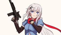 Rule 34 | 1girl, 9a-91, 9a-91 (girls&#039; frontline), blood, blood on face, blue dress, blue eyes, breasts, character name, commentary, cuts, dress, english commentary, folding stock, girls&#039; frontline, gloves, gun, hair ornament, highres, holding, holding gun, holding weapon, inapple, injury, long hair, looking at viewer, medium breasts, parted lips, puffy sleeves, red scarf, scarf, simple background, solo, star (symbol), star hair ornament, torn clothes, trigger discipline, upper body, weapon, white hair